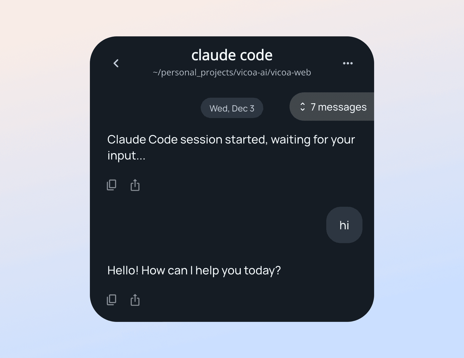 A Vicoa chat with the project directory in the header and the unseen-messages counter above the conversation